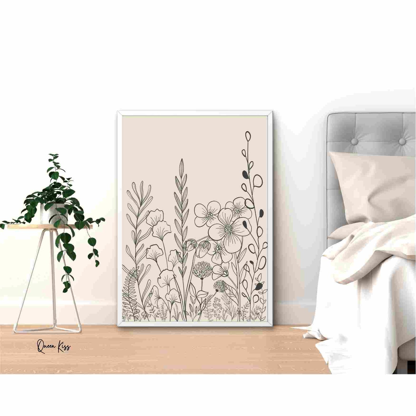 Botanical Black Beige Wildflower Line Art, Minimalist Instant Printable Poster, Modern Home Aesthetic Decor, Boho Nature Inspired Art