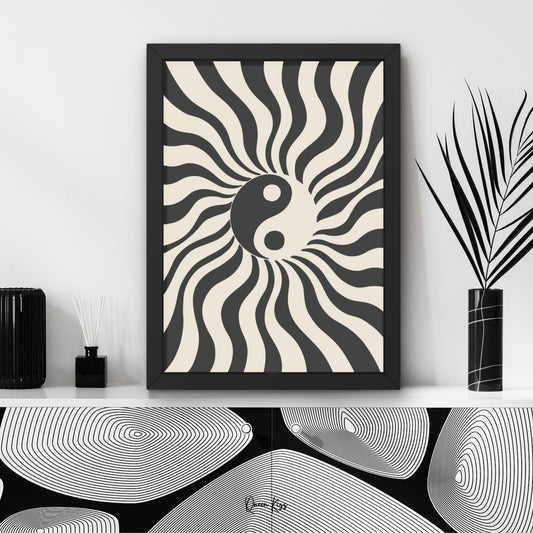 Abstract Black Beige Yin Yan Retro Wall Art, Minimalist Instant Printable Poster Art, Modern Home Aesthetic Decor, Boho Nature Inspired Art