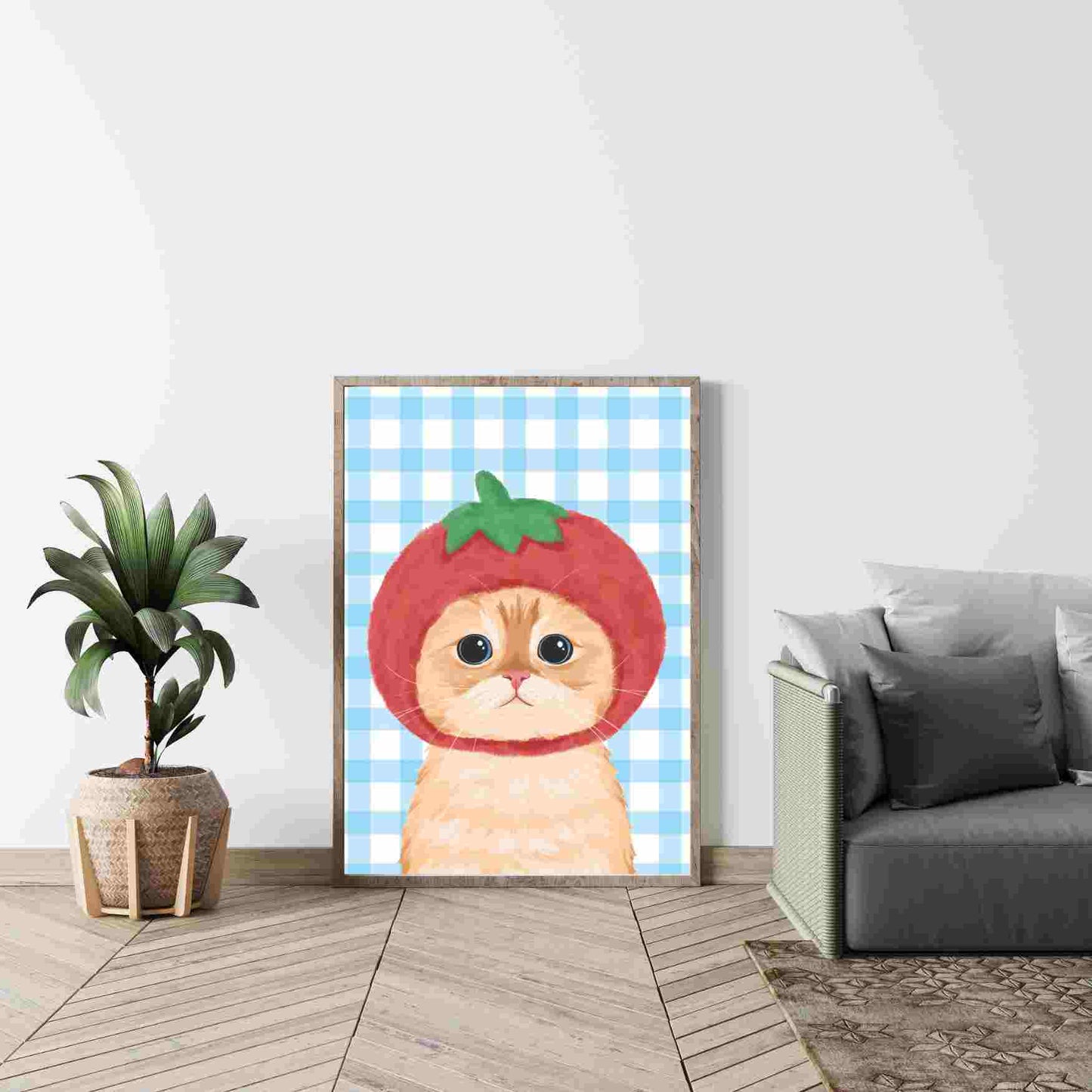 Whimsical Cute Tomato Cat Art, Whimsical Digital Download, Cozy Kitty Wall Decor, Instant Printable Illustration Modern Home -Meowville