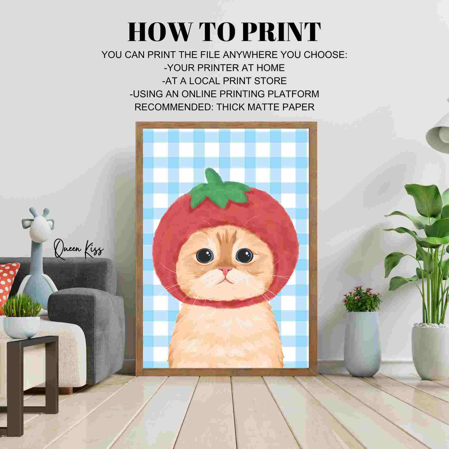 Whimsical Cute Tomato Cat Art, Whimsical Digital Download, Cozy Kitty Wall Decor, Instant Printable Illustration Modern Home -Meowville