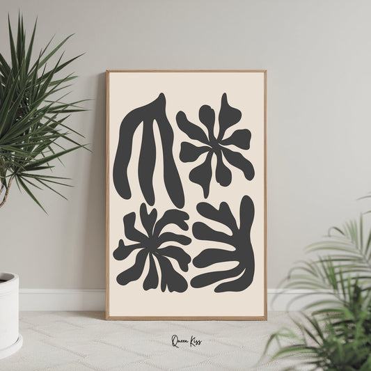 Abstract Black Beige Botanical Blossoms Wall Art, Minimalist Instant Printable Poster, Modern Home Aesthetic Decor, Boho Nature Inspired Art