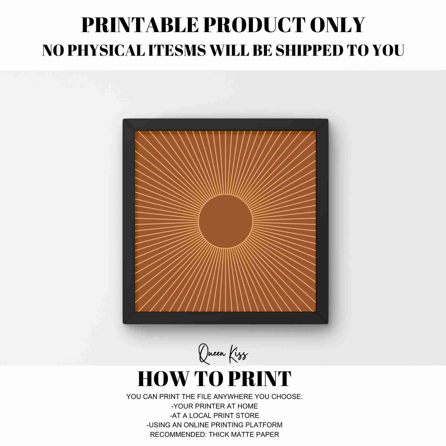 Retro Sunburst Wall Art Printable, Mid Century Modern Home Aesthetic Decor, Boho Abstract Sun Rays Art, Vintage Inspired Minimalist Decor