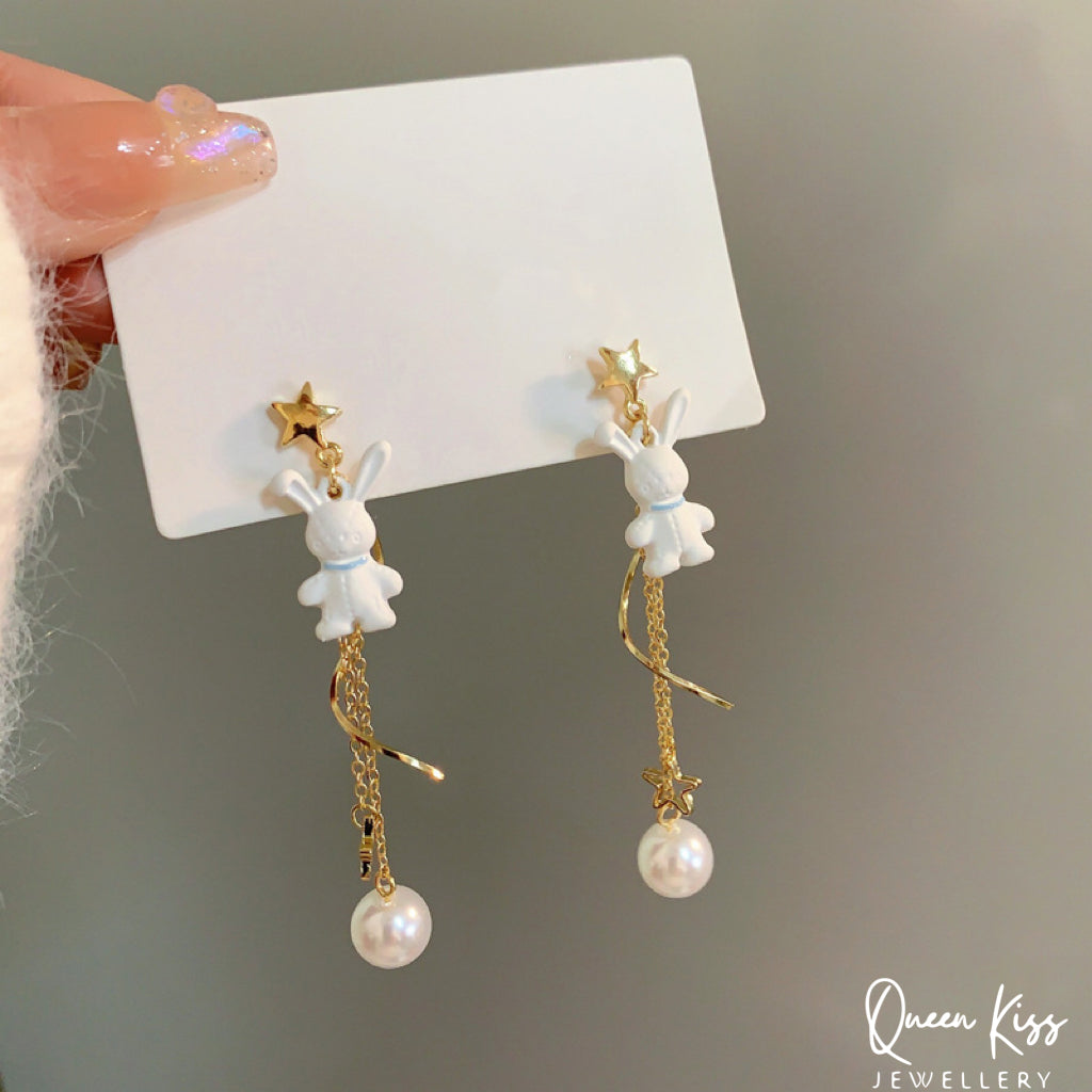 Super Cute White Bunny Rabbit Star Pearl Earrings -- Take Me to The Moon!!