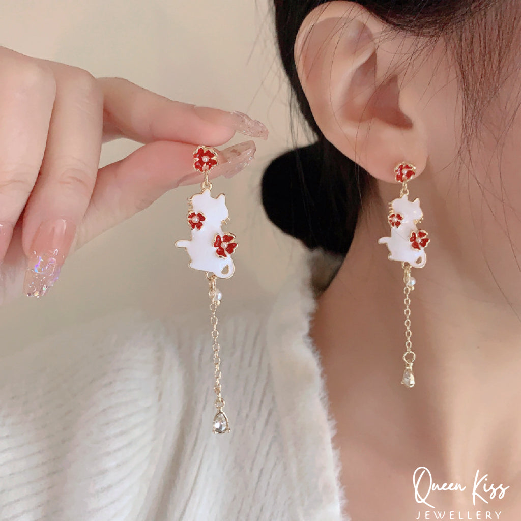 Super Cute Kitty Cat and Flower Earrings -- Take Me to The Garden!!