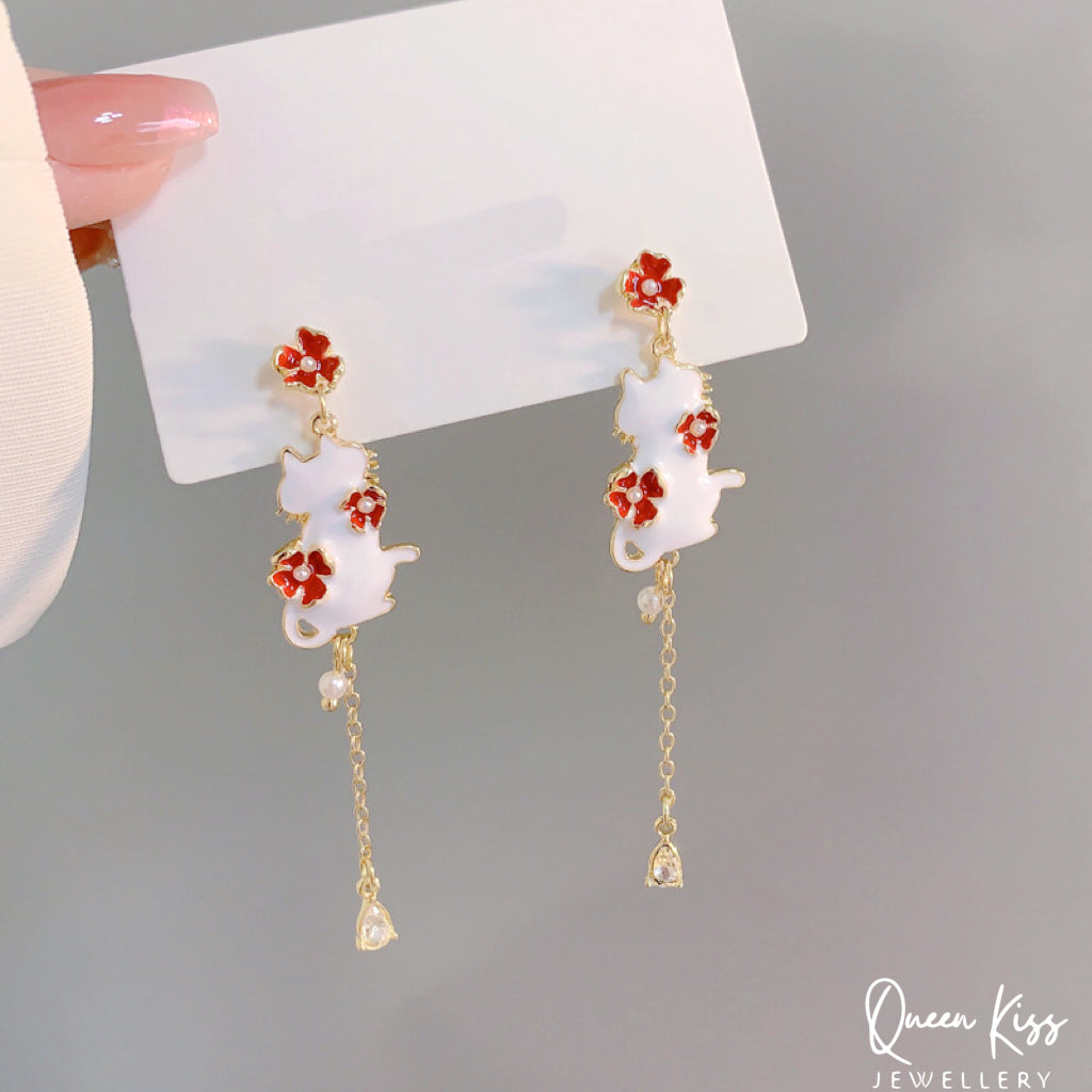 Super Cute Kitty Cat and Flower Earrings -- Take Me to The Garden!!