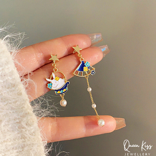Super Cute Bunny Rabit and Fan Love Earrings -- Magical Life!!