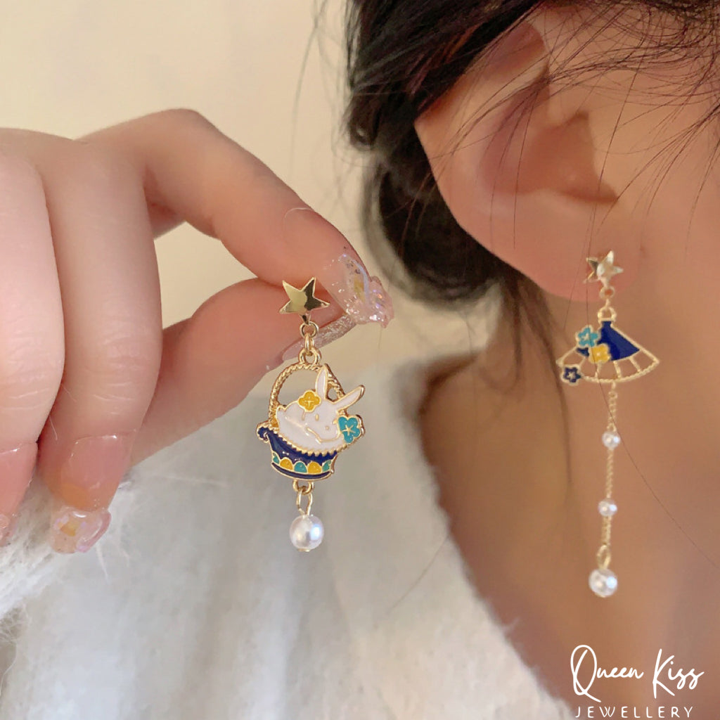 Super Cute Bunny Rabit and Fan Love Earrings -- Magical Life!!