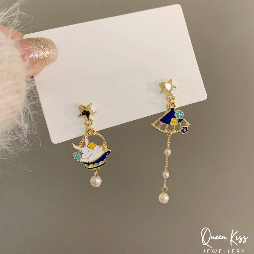 Super Cute Bunny Rabit and Fan Love Earrings -- Magical Life!!