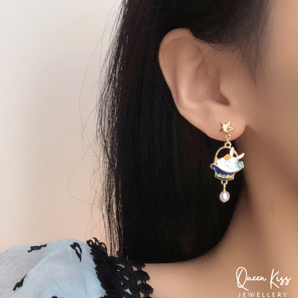 Super Cute Bunny Rabit and Fan Love Earrings -- Magical Life!!
