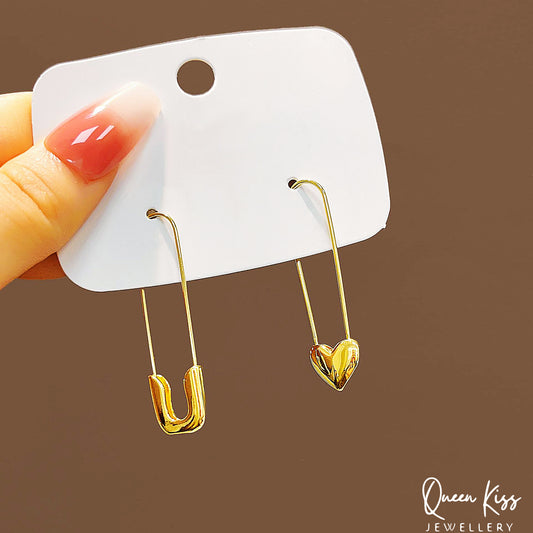 Safety Pin and Heart Gold Earrings --  Be Cool!!