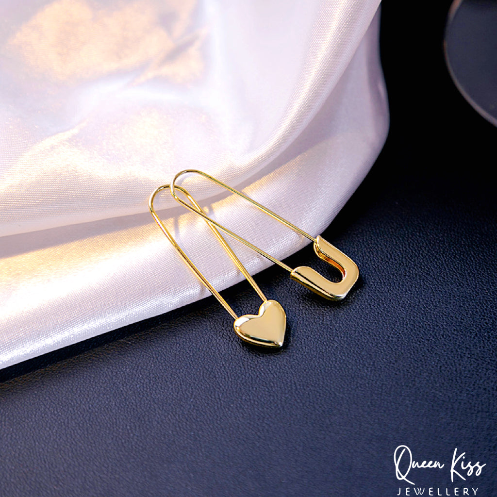 Safety Pin and Heart Gold Earrings --  Be Cool!!