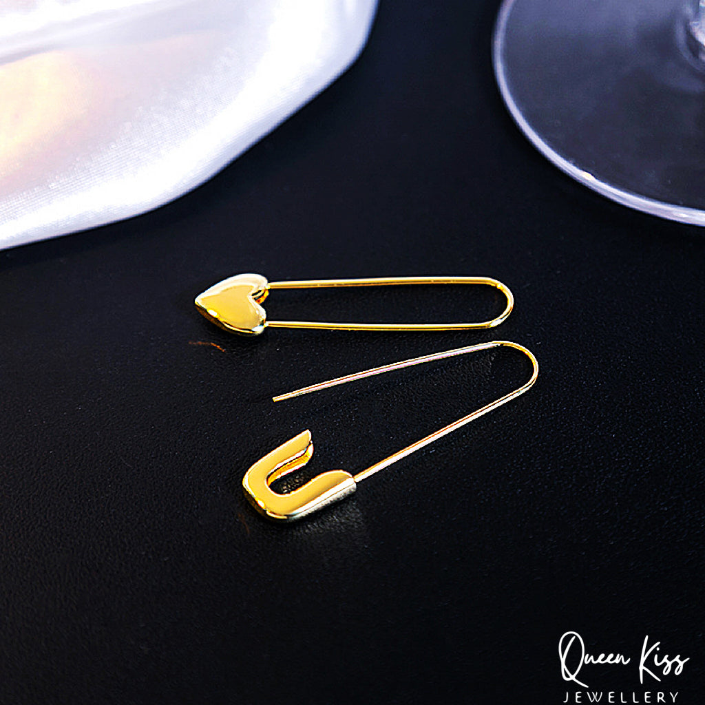 Safety Pin and Heart Gold Earrings --  Be Cool!!