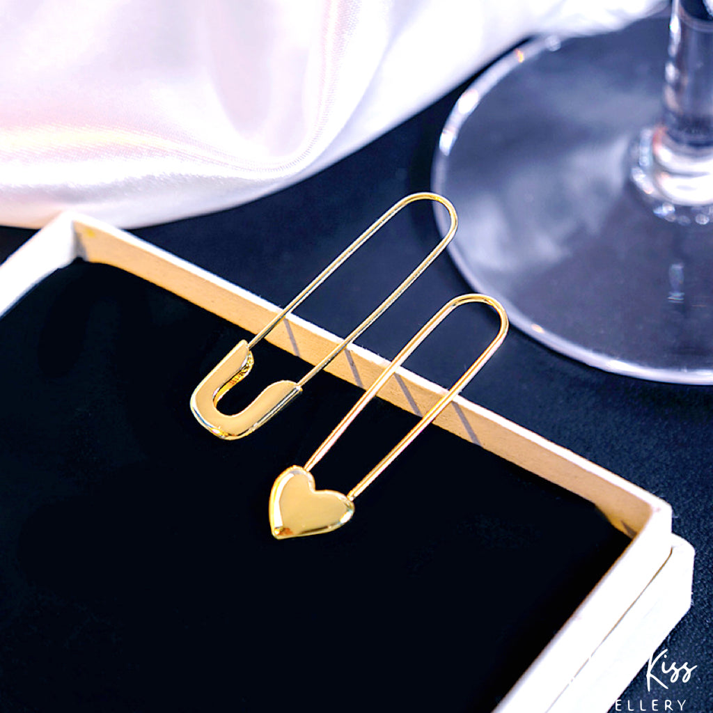 Safety Pin and Heart Gold Earrings --  Be Cool!!