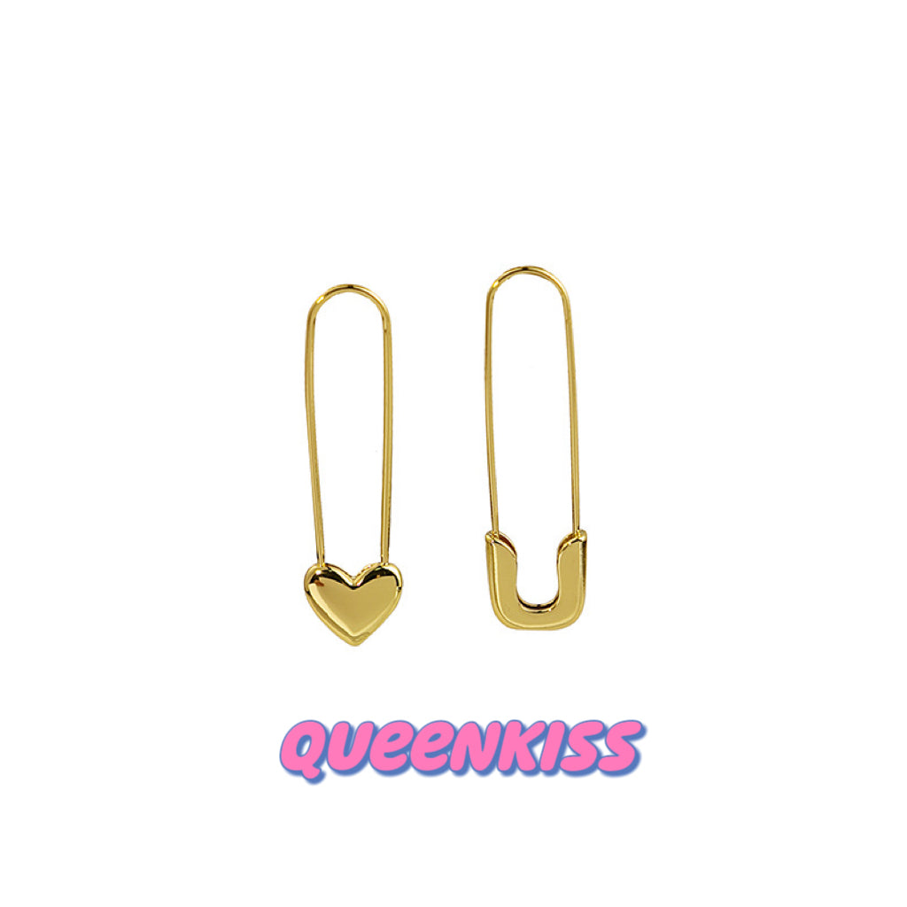 Safety Pin and Heart Gold Earrings --  Be Cool!!