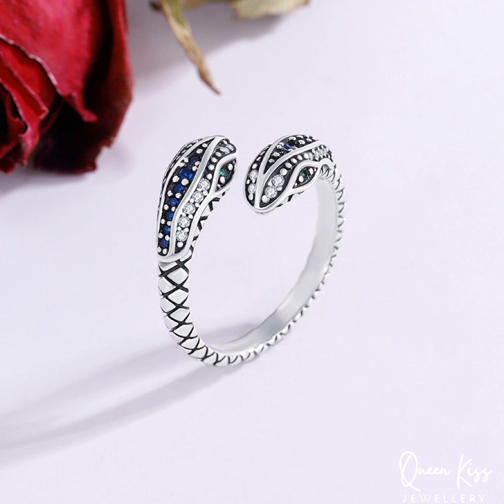 Two Heads Double Heads Snake Minimalist Vintage Adjustable Silver Ring -- Snakey