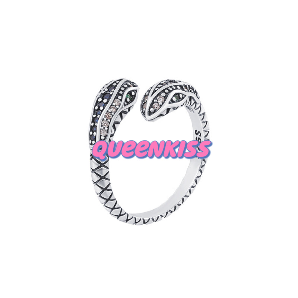 Two Heads Double Heads Snake Minimalist Vintage Adjustable Silver Ring -- Snakey