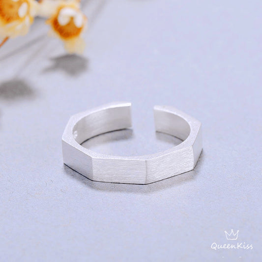 Modern Minimalist Fosted Matt Hexagon Adjustable Silver Ring