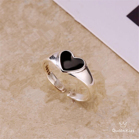 Vintage Black Heart Spot Adjustable 925 Sterling Silver Plated Ring