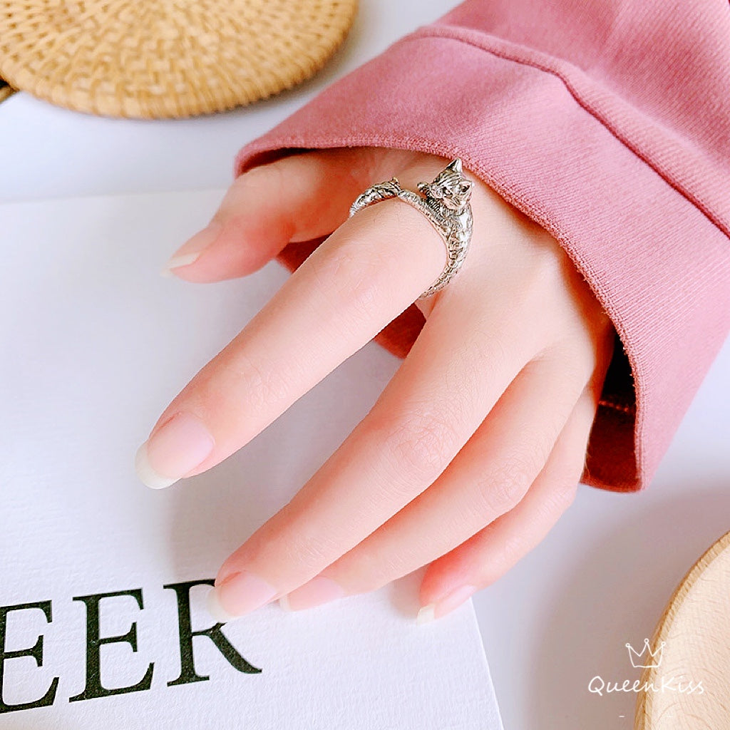 3D Cute Lovely Kitty Cat Adjustable 925 Sterling Silver Ring