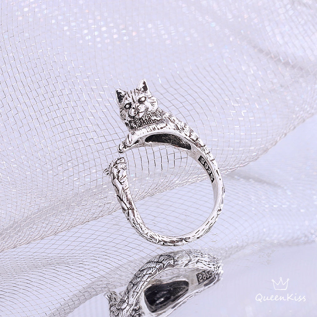 3D Cute Lovely Kitty Cat Adjustable 925 Sterling Silver Ring