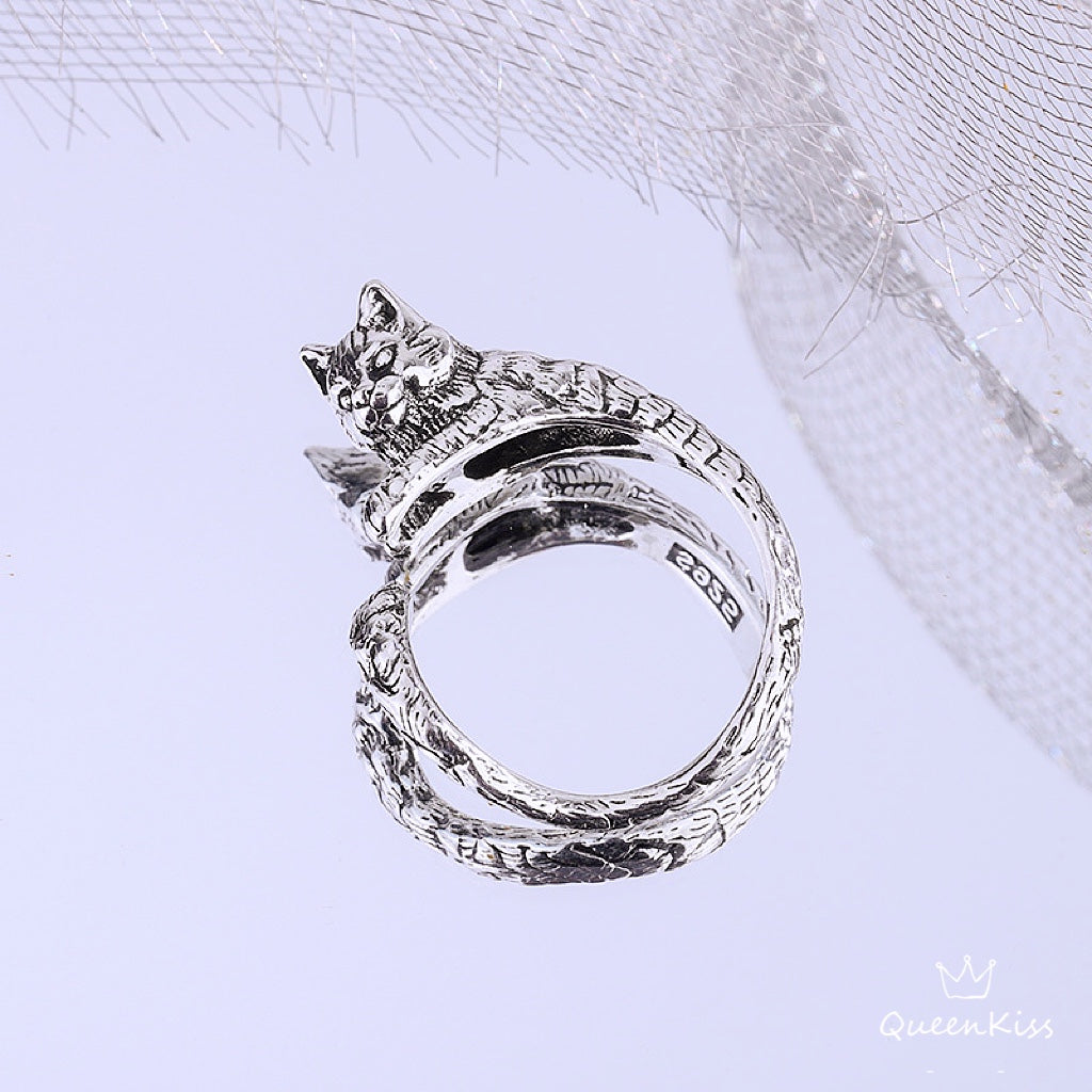 3D Cute Lovely Kitty Cat Adjustable 925 Sterling Silver Ring