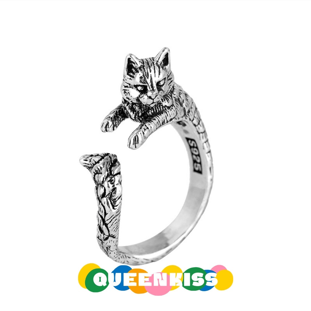3D Cute Lovely Kitty Cat Adjustable 925 Sterling Silver Ring