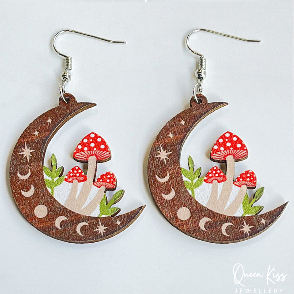 Super Light Wood Cute three Mushrooms Planting on the Moon Earrings - Mushroom and My Moon!!