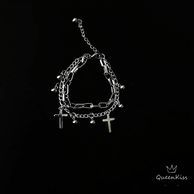 Funky Punk Stainless Steel Three Layers Cool Style Chain Cross Silver Bracelet -- Pray For Me!!