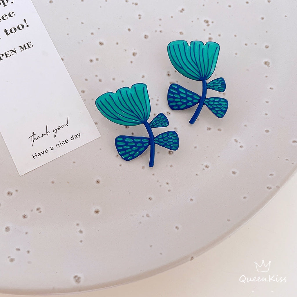Super Adorable Cute Handmade Enamel Blue Blossom Stud Earrings - Sofia Flower!!