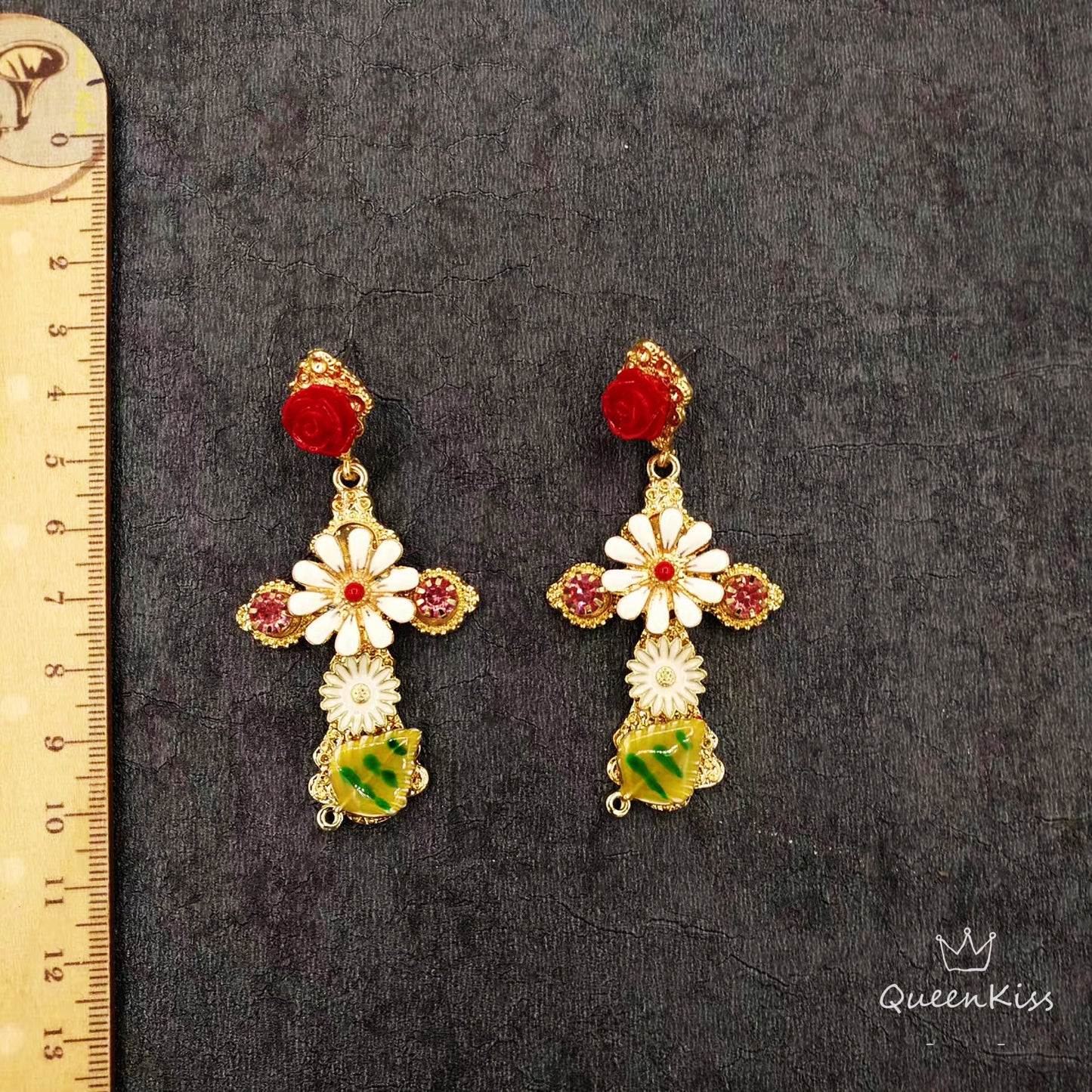 Enamel Red Yellow Black Lion Head Cross Dangle Earrings -- Lust for Life!!