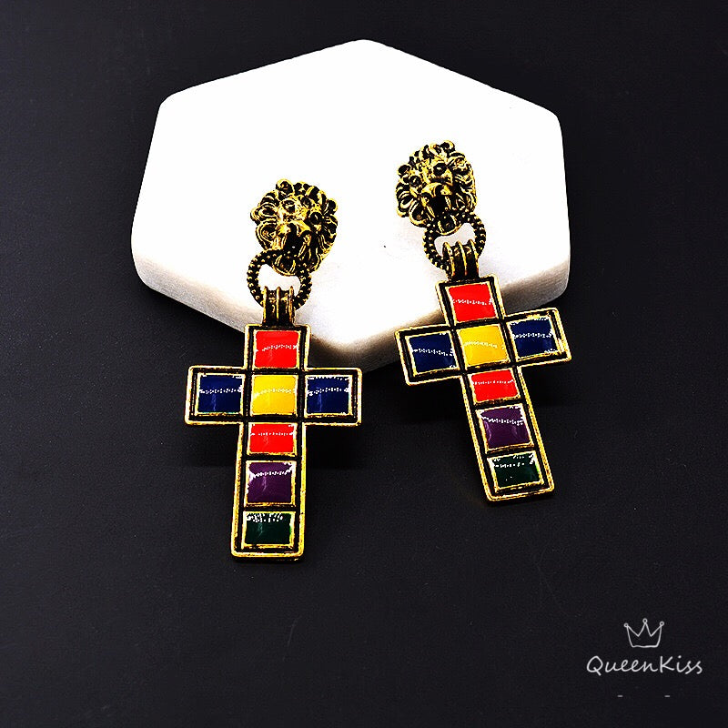 Enamel Red Yellow Black Lion Head Cross Dangle Earrings -- Lust for Life!!