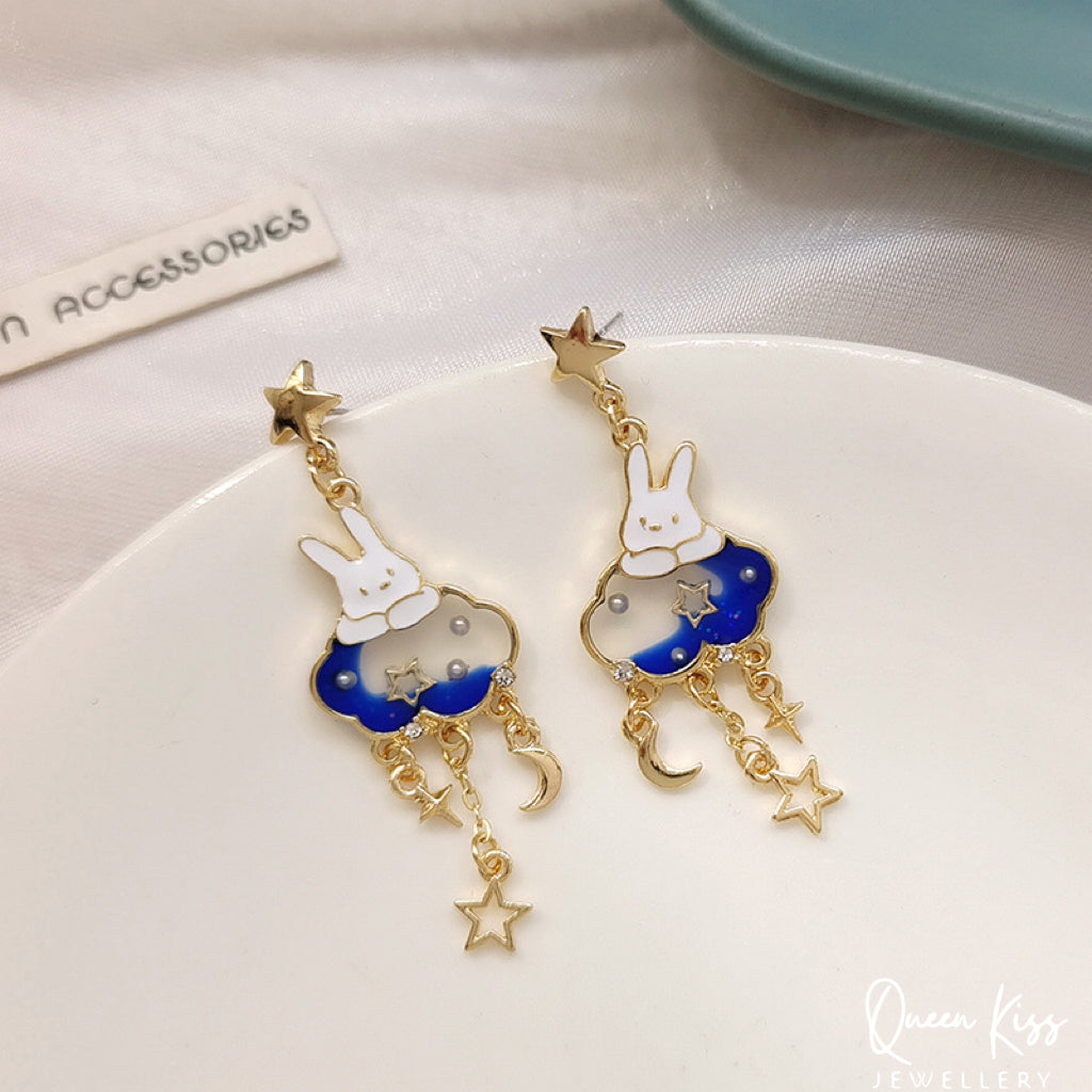 Super Cute Bunny Moon and Star Love Earrings -- Magical Life!!