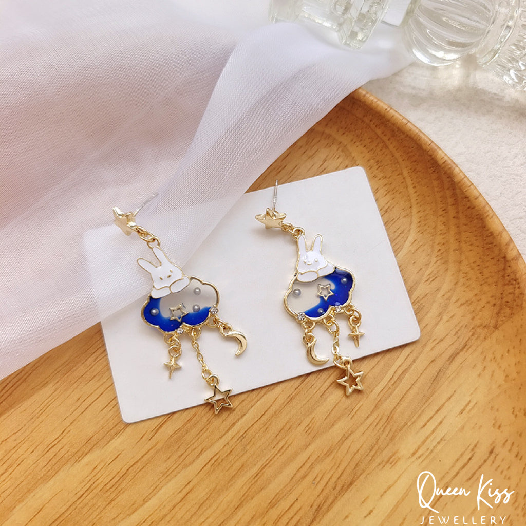Super Cute Bunny Moon and Star Love Earrings -- Magical Life!!