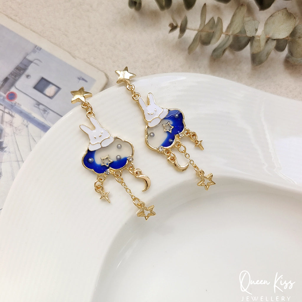 Super Cute Bunny Moon and Star Love Earrings -- Magical Life!!