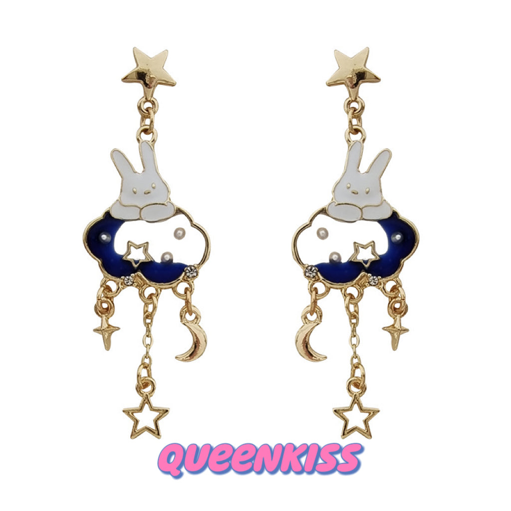 Super Cute Bunny Moon and Star Love Earrings -- Magical Life!!