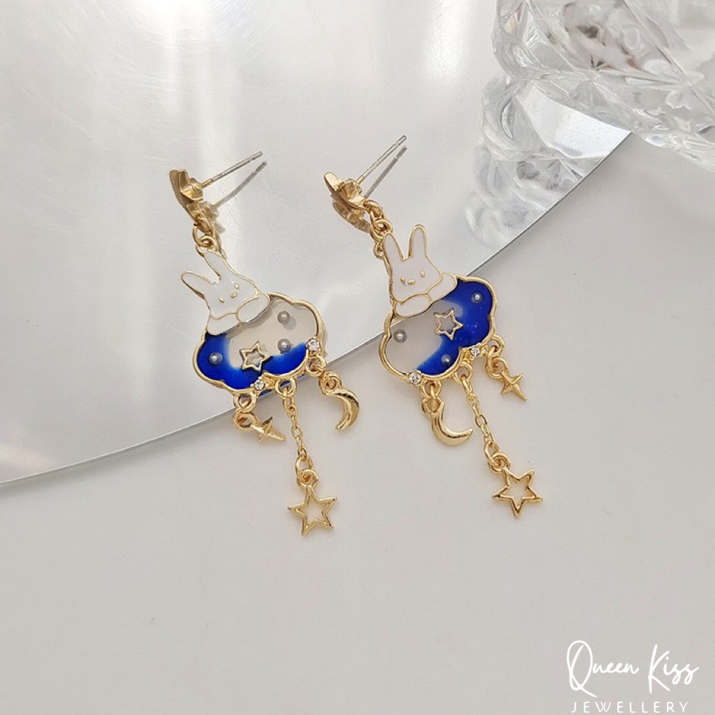 Super Cute Bunny Moon and Star Love Earrings -- Magical Life!!