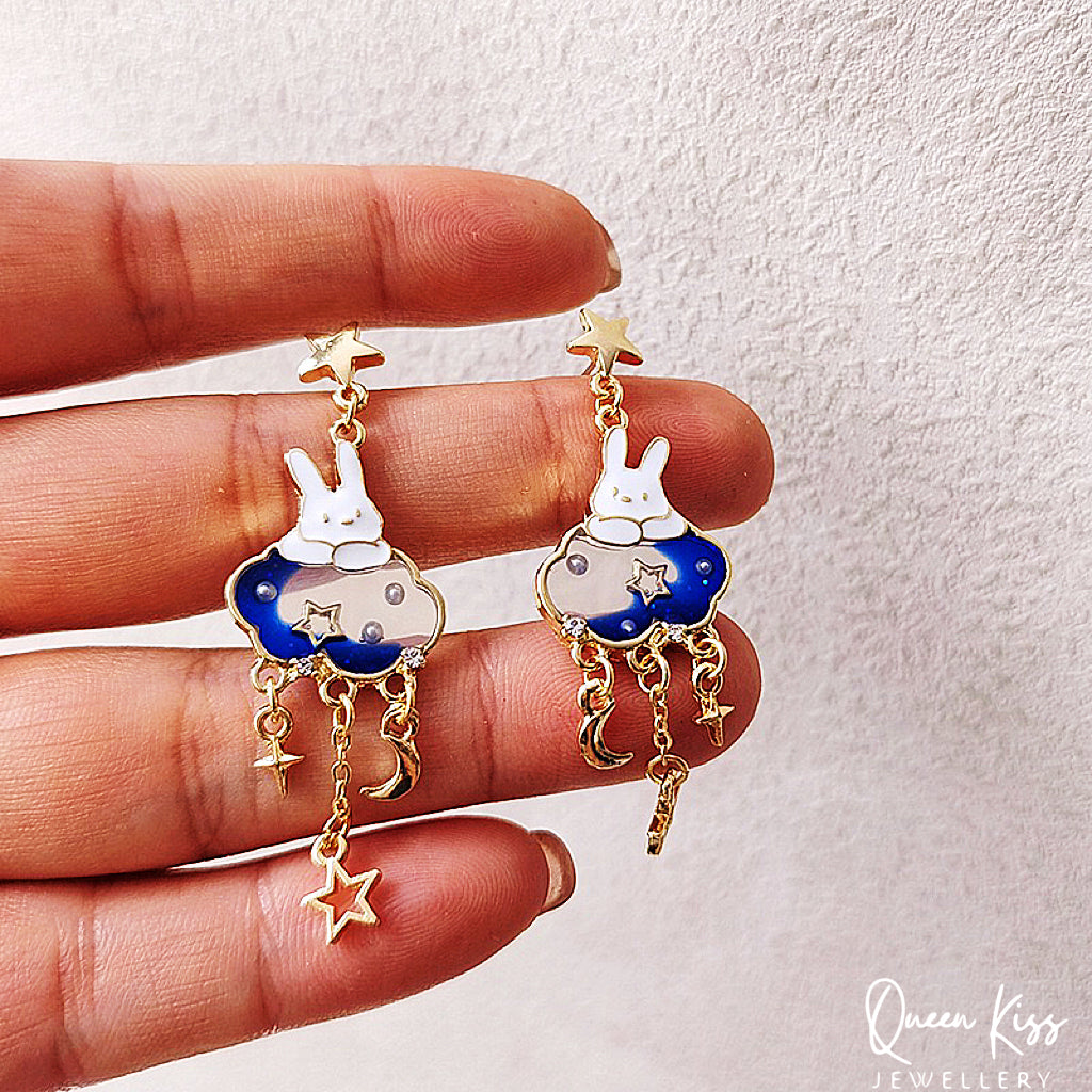 Super Cute Bunny Moon and Star Love Earrings -- Magical Life!!