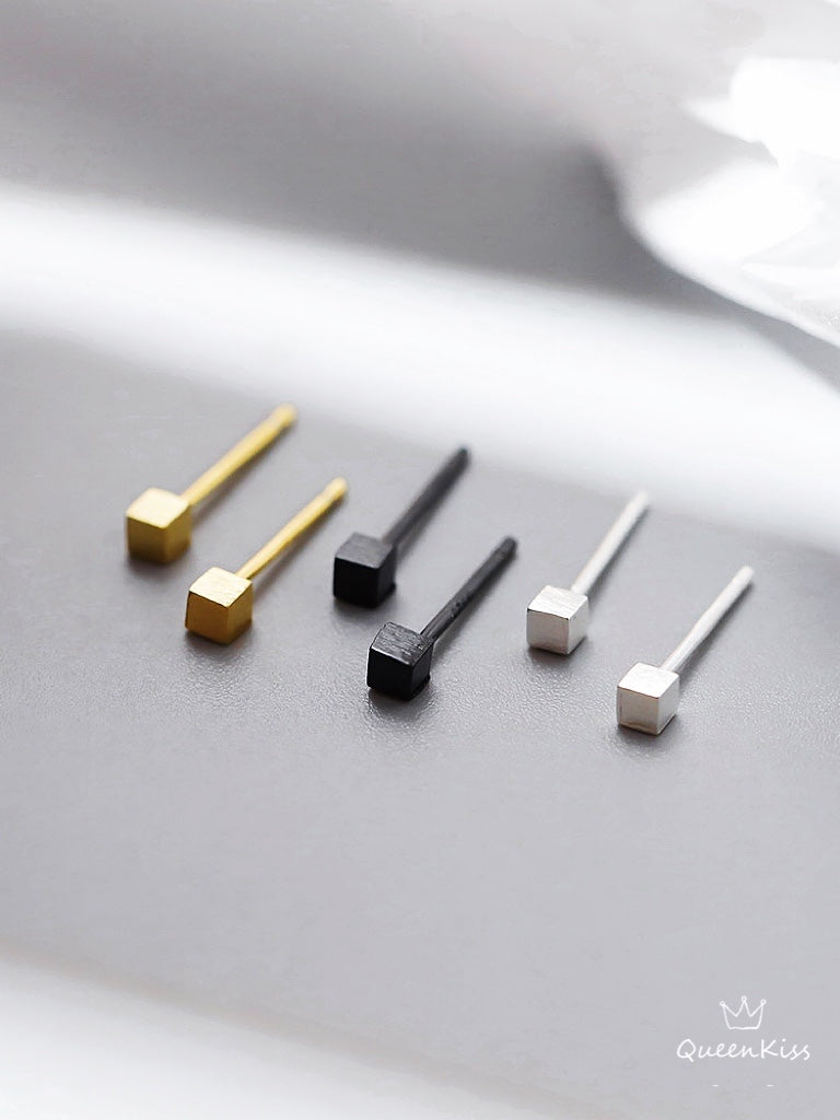 Sterling Silver 925 Black Silver Gold Ear Care Stud Earrings Cute Cube Stud Earrings Modern Studs Minimal Stud Earrings Gift for her