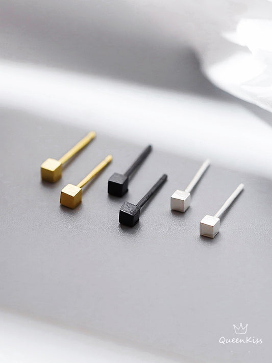 Sterling Silver 925 Black Silver Gold Ear Care Stud Earrings Cute Cube Stud Earrings Modern Studs Minimal Stud Earrings Gift for her