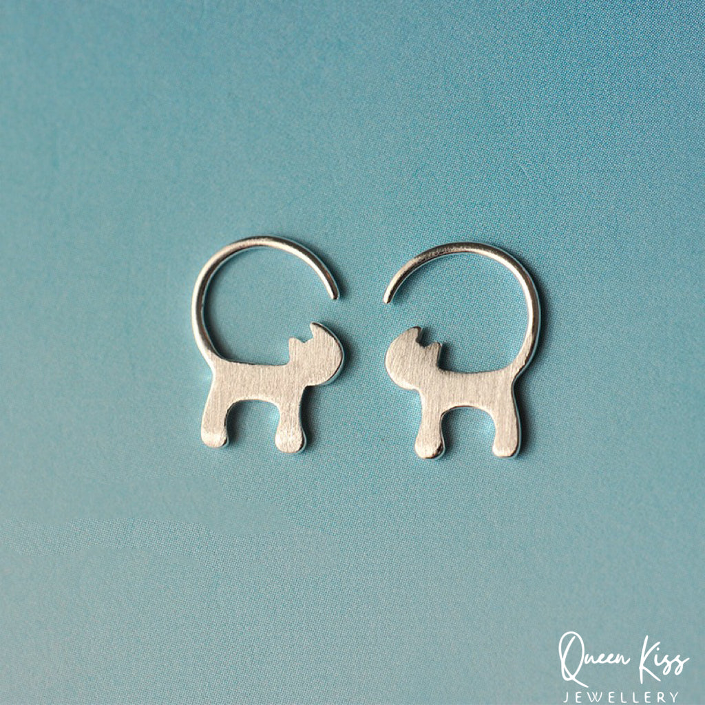 Sterling Silver 925 Stud Earrings Cute Couple Kitty Cat Stud Earrings Modern Studs Minimal Stud Earrings Gift for her
