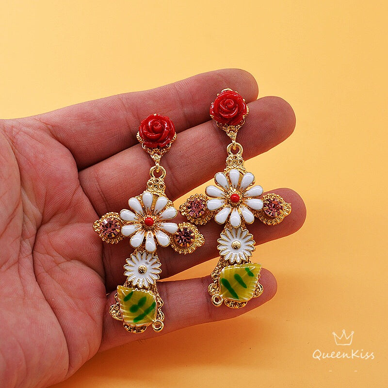 Enamel Sterling Silver Red Green Flowers Cross Dangle Earrings -- Hardest to Love!!