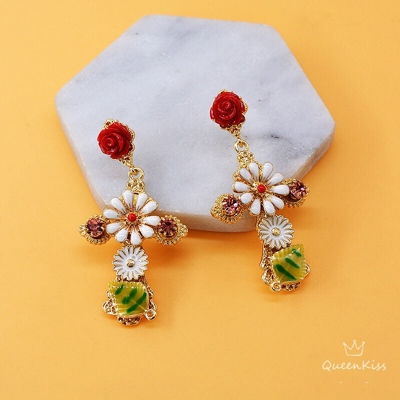 Enamel Sterling Silver Red Green Flowers Cross Dangle Earrings -- Hardest to Love!!