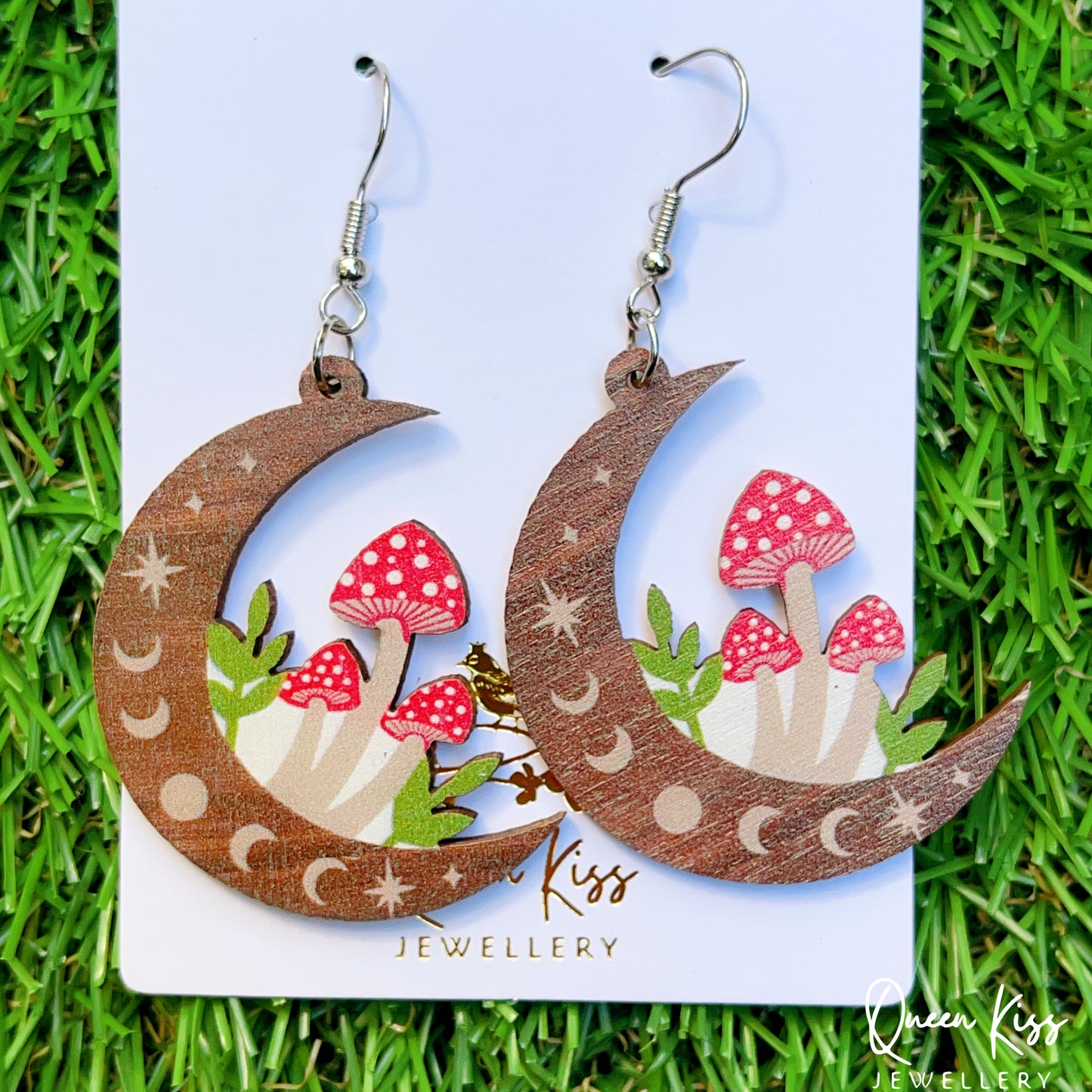 Super Light Wood Cute three Mushrooms Planting on the Moon Earrings - Mushroom and My Moon!!