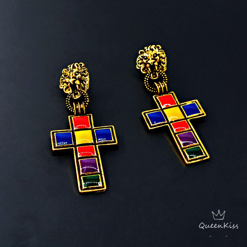 Enamel Red Yellow Black Lion Head Cross Dangle Earrings -- Lust for Life!!