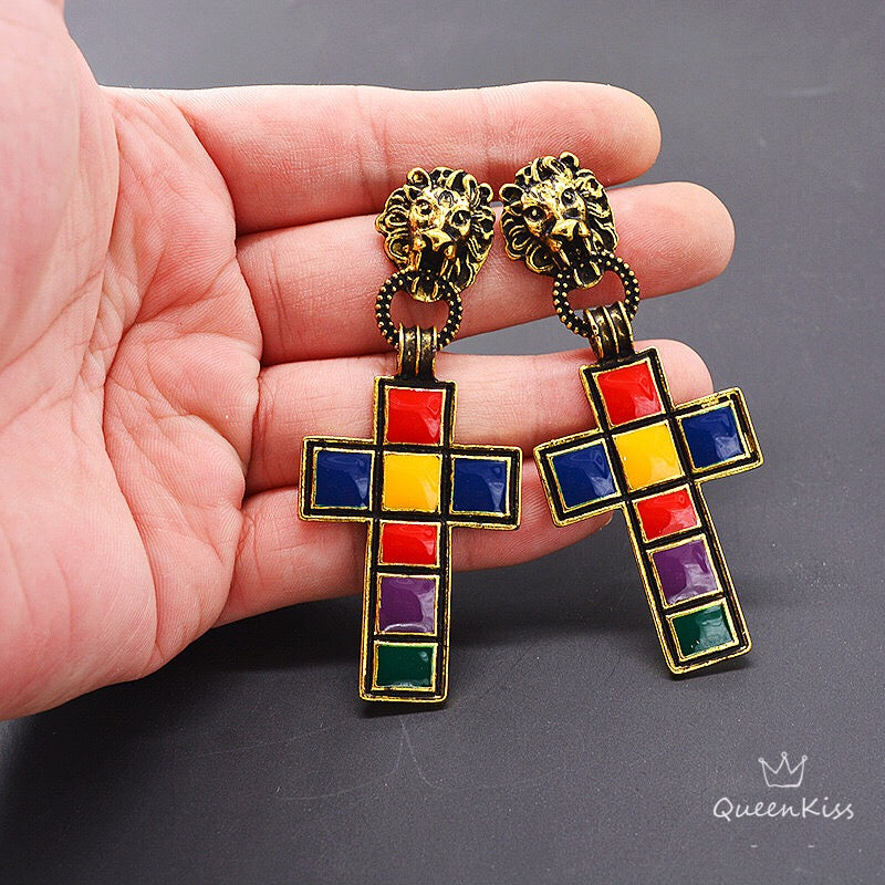 Enamel Red Yellow Black Lion Head Cross Dangle Earrings -- Lust for Life!!