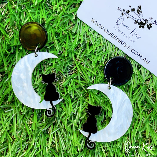 Cute Light Trendy Adorable Acrylic Moon and Black Cat and Star Earrings - Once Upon A Moon!!