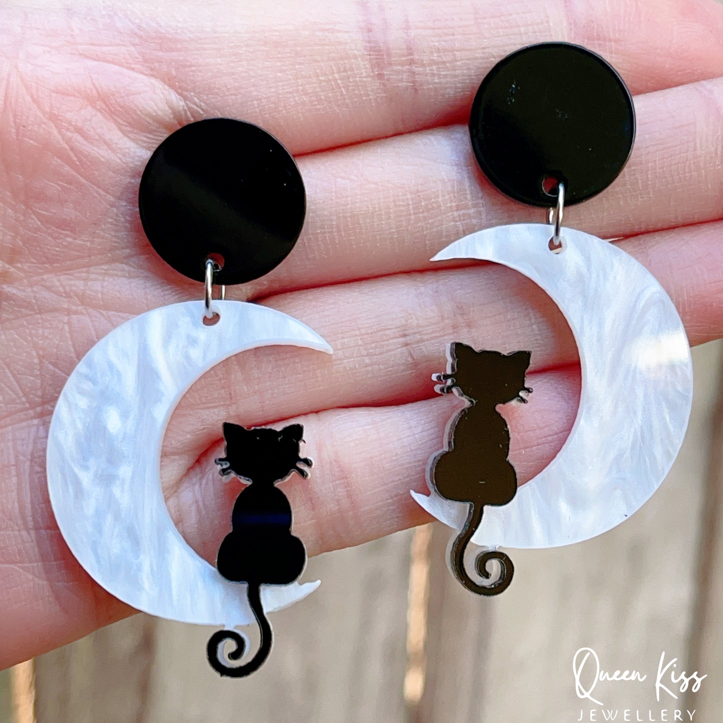 Cute Light Trendy Adorable Acrylic Moon and Black Cat and Star Earrings - Once Upon A Moon!!