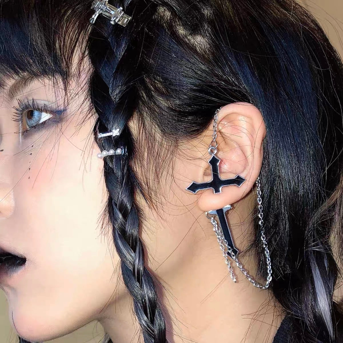 Piercing Cool Cross Black and Silver Earrings Women Men Earrings One Single Piece Not A Pair --  God Bless You!!