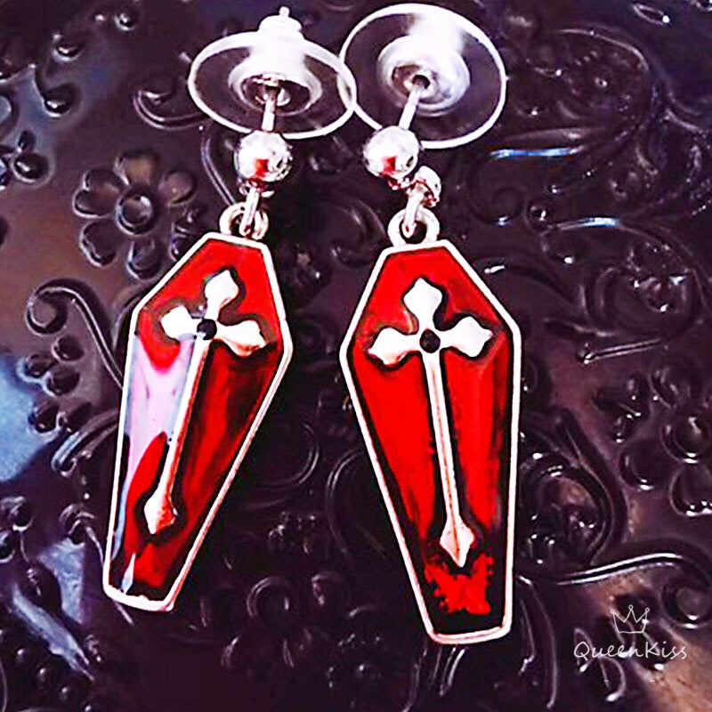 Enamel Silver and Gold Earrings Gothic Dangle Horror Earrings Halloween Earrings Creepy Goth Grunge Earrings