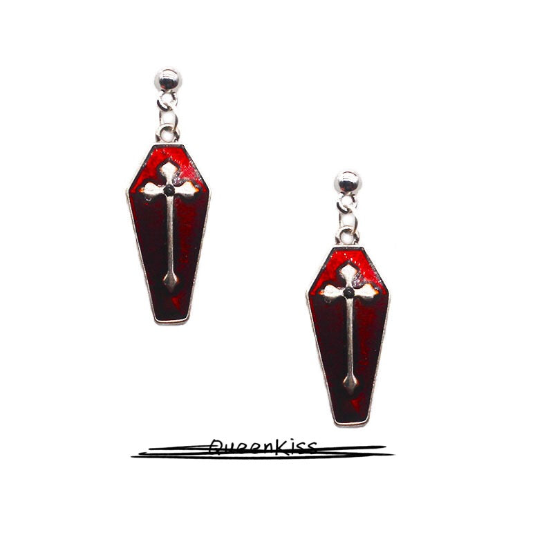 Enamel Silver and Gold Earrings Gothic Dangle Horror Earrings Halloween Earrings Creepy Goth Grunge Earrings